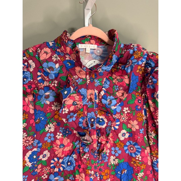 Karlie Magenta London Floral Ruffle Sleeve Blouse Pink Blue Large NWT - Picture 5 of 10